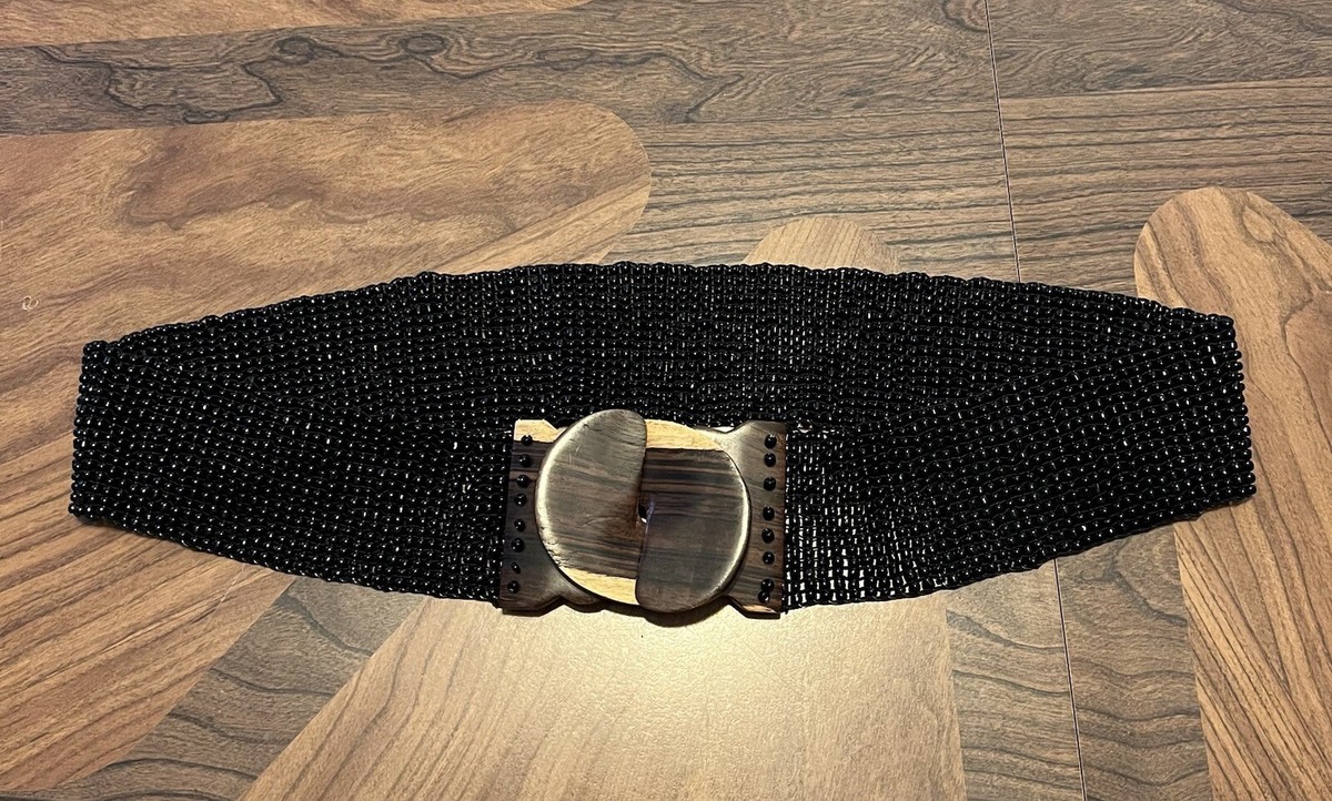 Vintage Beaded Clasp Belt Vintage Elastic Wide Beaded Belt with Brown Wood Clasp  main image 2