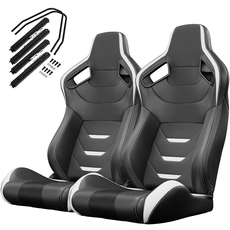 For Dodge Pair Sport Racing Seats Adjustable Reclinable w/ Sliders Black+White Foto 2 de 4