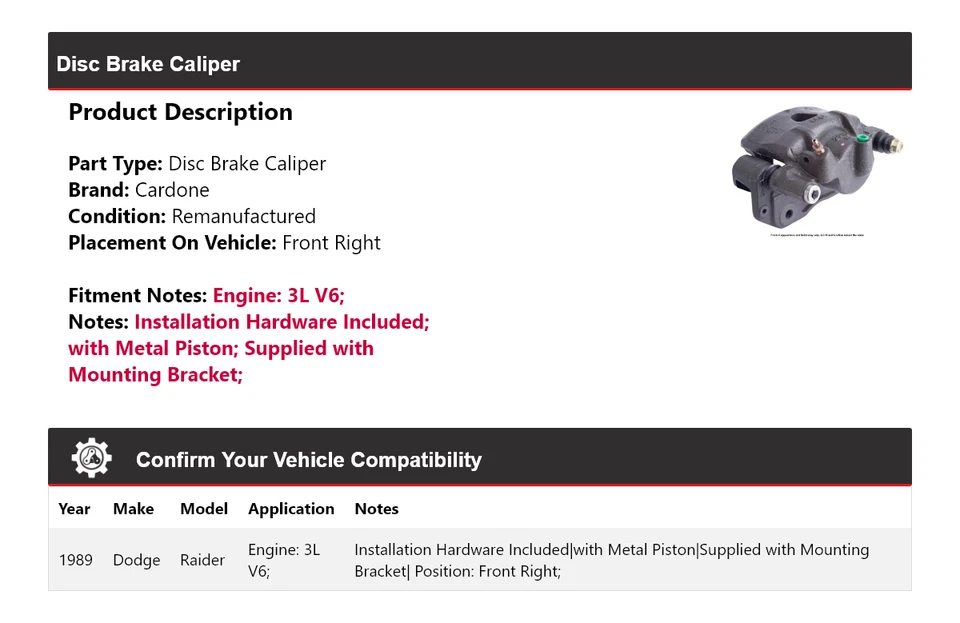 Pinza de freno de disco delantera derecha Cardone para Dodge Raider 1989 3L V6 Foto 2 de 4