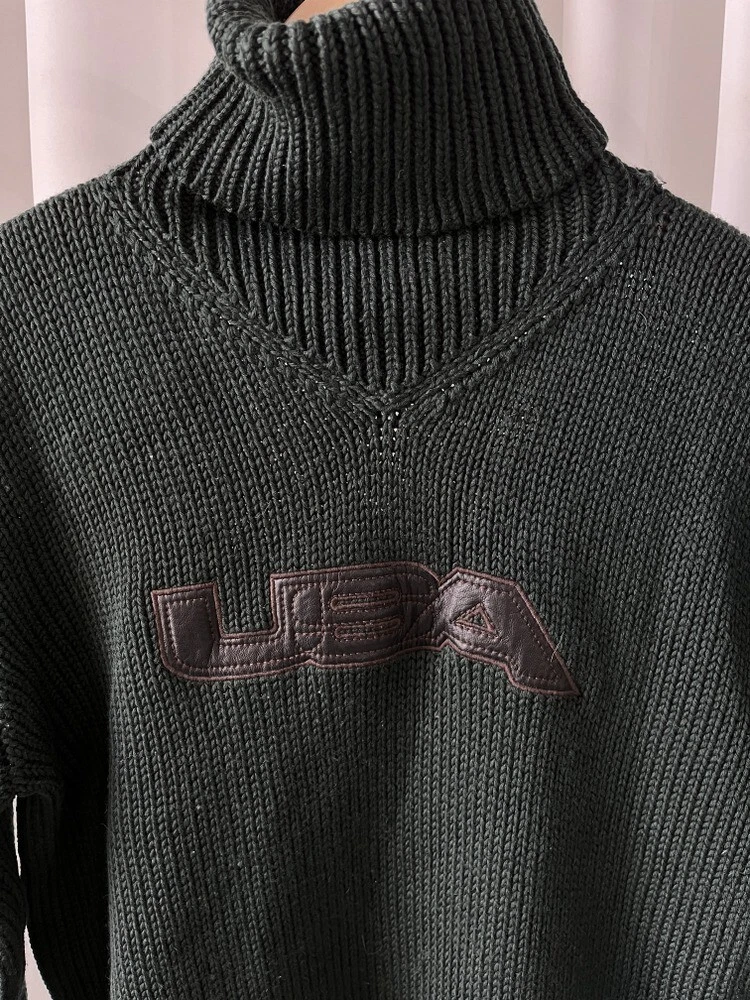 Vintage POLO Sport RALPH LAUREN USA Leather Patch Green Turtleneck Sweater M