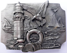 1989 Siskiyou Buckle Co. belt buckle lighthouse sailboat birds more seashore