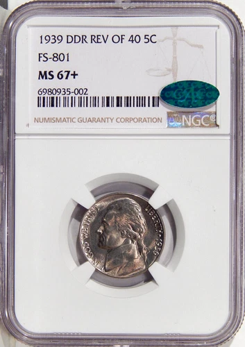 1939 DOUBLED MONTICELLO 5c NGC MS 67+ CAC FS-801 ~ TOP POP JEFFERSON NICKEL