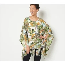 Attitudes by Renee Puma Knit Printed Fringe Poncho Large L Safari Field A512007