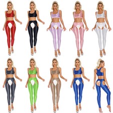 Womens Vest And Pants Outfits Sportswear Glossy Crop Top With Pantyhose Stretch