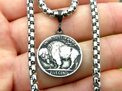 Necklace pendant authentic Buffalo Indian Nickel coin 925 sterling silver bail