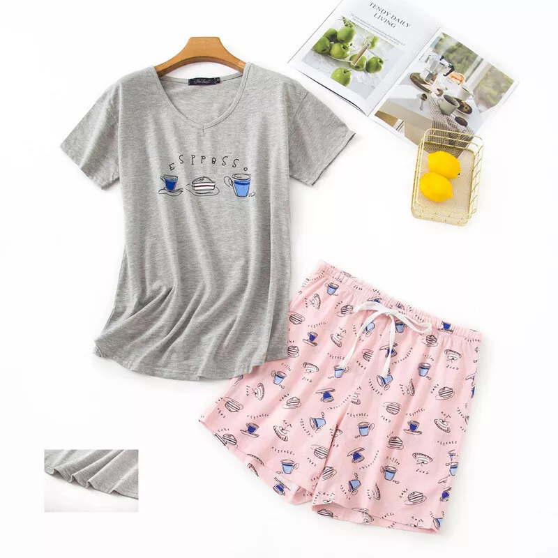 Summer Women Cotton Pajamas Set Short Sleeve Cartoon Print Sleepwear  Top+Shorts