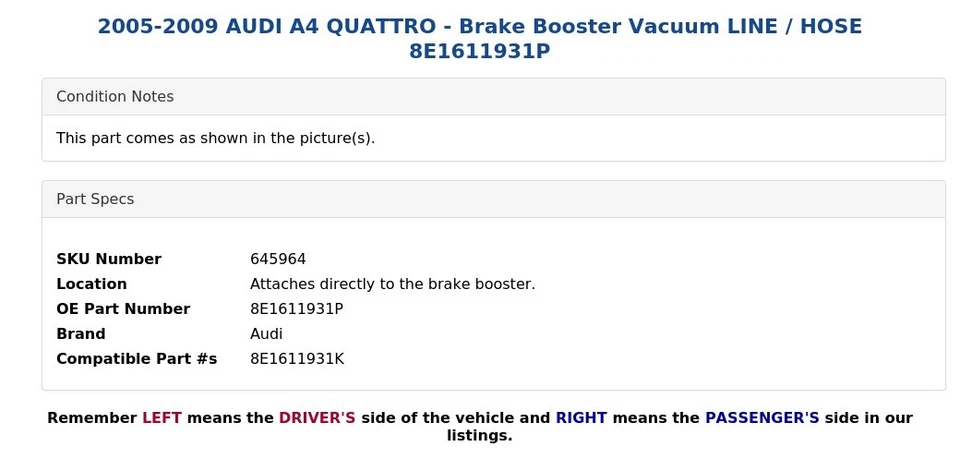 AUDI A4 QUATTRO 2005-2009 - Elevador de freno aspiradora línea/manguera 8E1611931P Foto 4 de 4