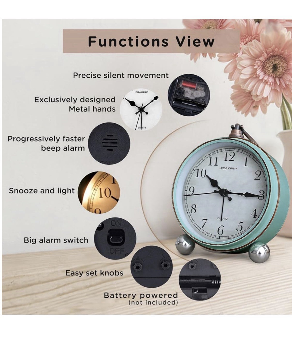 Peakeep 4&rdquo; Small Battery Operated Antique Retro Analog Alarm Clock for Room Deco