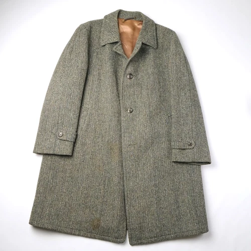 Vintage Harris Tweed Overcoat Mens Size 48 Green Herringbone Wool Car Coat - product listing photo