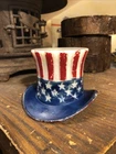 ANTIQUE VTG MILK GLASS UNCLE SAM PAINTED TOP HAT CANDY CONTAINER BANK HOLLAND NY