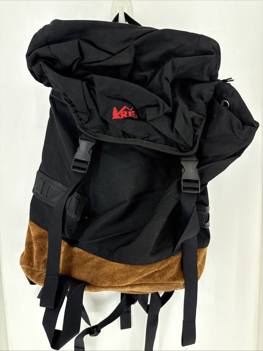 Vintage REI Hiking Pack Black Nylon and Leather, 80's, 90's Y2K