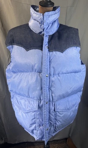 Vintage 70s Frostline Western Yoke Goose Down Puffer Vest Size XL Blue Denim - product listing photo