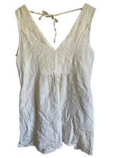 Versona Ivory Embroidered Floral Sleeveless Tunic Plunge V-Neck Pockets Boho Boh