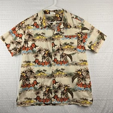 Barefoot In Paradise Mens Hawaiian Short Sleeve Shirt Tropical Print M Brown