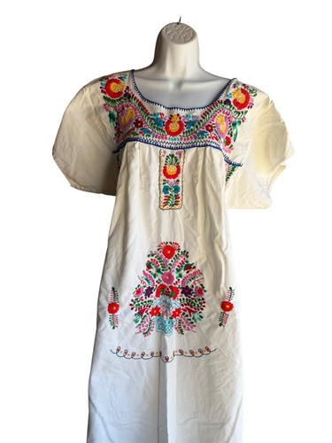 Vintage 60s 70s OAXACAN MEXICAN Midi Dress Hand Embroidered White HIPPIE XL, $65 - Photo 2