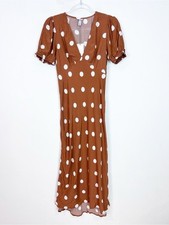 A NEW DAY BROWN WHITE POLKA DOT V-NECK MIDI DRESS WOMENS SZ XS NWT