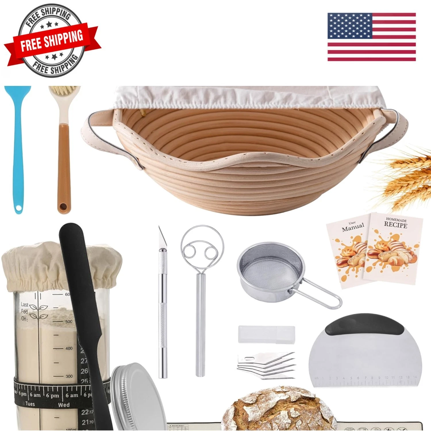 Complete Sourdough Starter Kit with Banneton Proofing Basket & Dough Scraper ...
Opens in a new wind