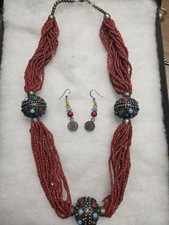 Vtg Native American multi strand bead cab metal ball Earrings Necklace Set