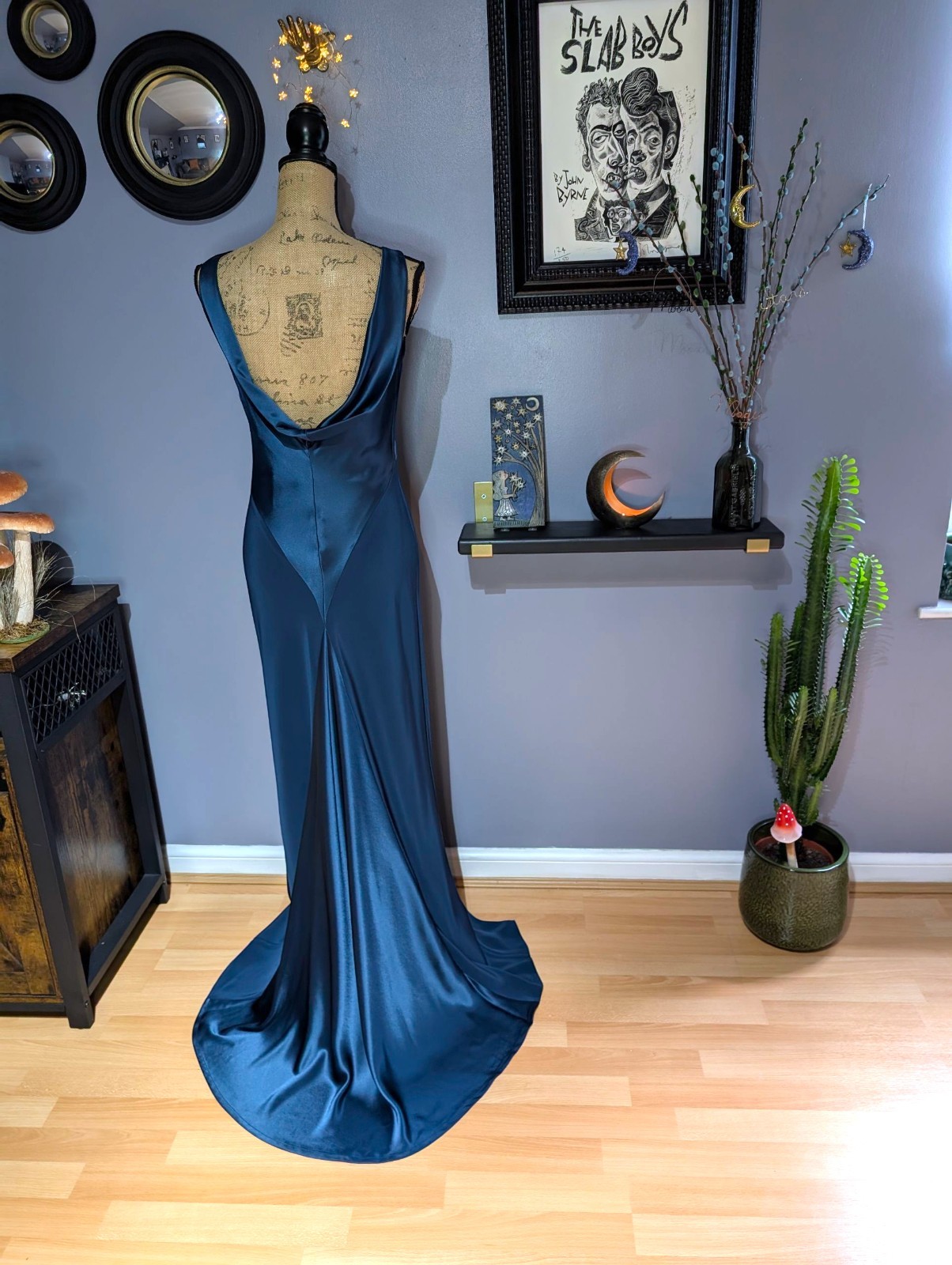 90s Y2K Monsoon Peacock Blue Long Bias Cut Mermaid Dress UK 8/10 (US 6)