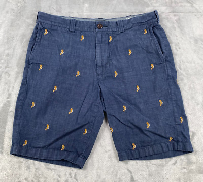 J.Crew Shorts Mens 33 Blue Chambray Embroidered Seahorse Preppy Chino Bermuda