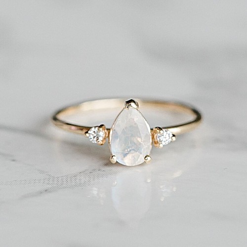 Pear Cut Moonstone 14K Yellow Gold Plated silver Art Deco Proposal Ring - Picture 1 of 6