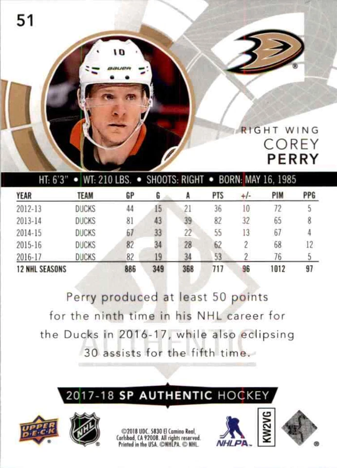 2017-18 upper deck SP Authentic Corey Perry #51 - Image 2 of 2