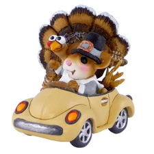 Wee Forest Folk HONK FOR THANKSGIVING, WFF# M-454d, Pilgrim & Turkey Mouse Car