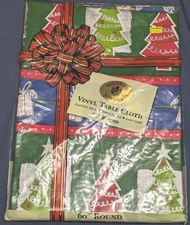 New Christmas Tree Vinyl Table Cloth Sultan's Linens Round 60" Holiday