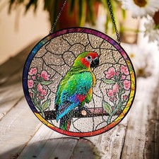 Parrot And Flower Stained Glass Window Hanging Bird Suncatcher Indoor For Friend