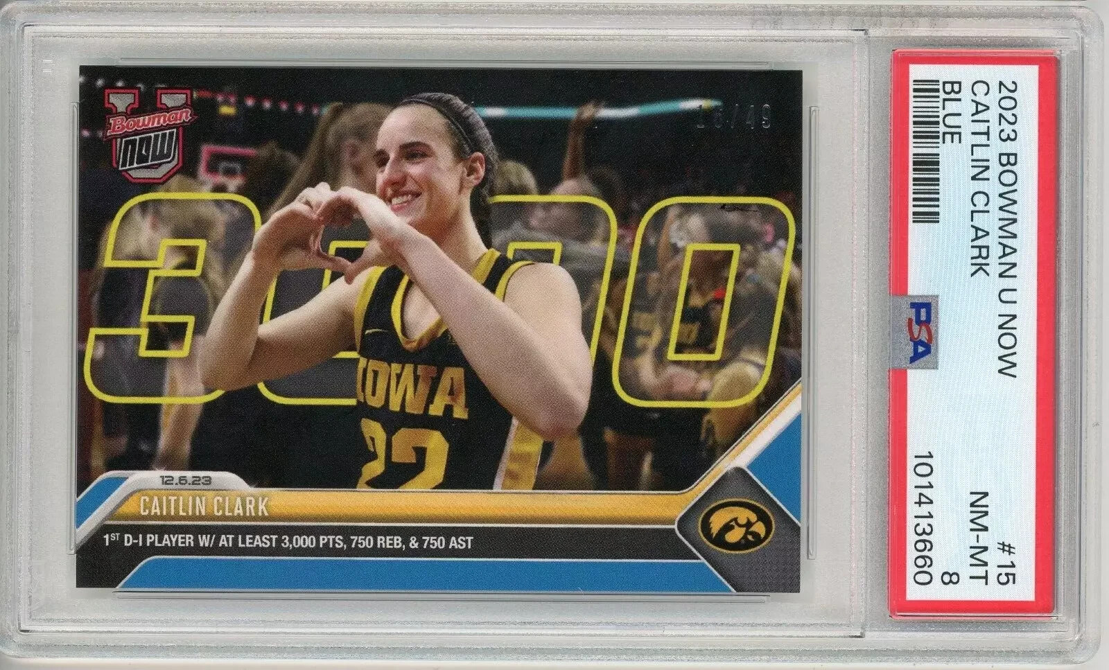 2023 Bowman U Now #15 Caitlin Clark 3000 3K Points Heart Blue Parallel /49 PSA 8