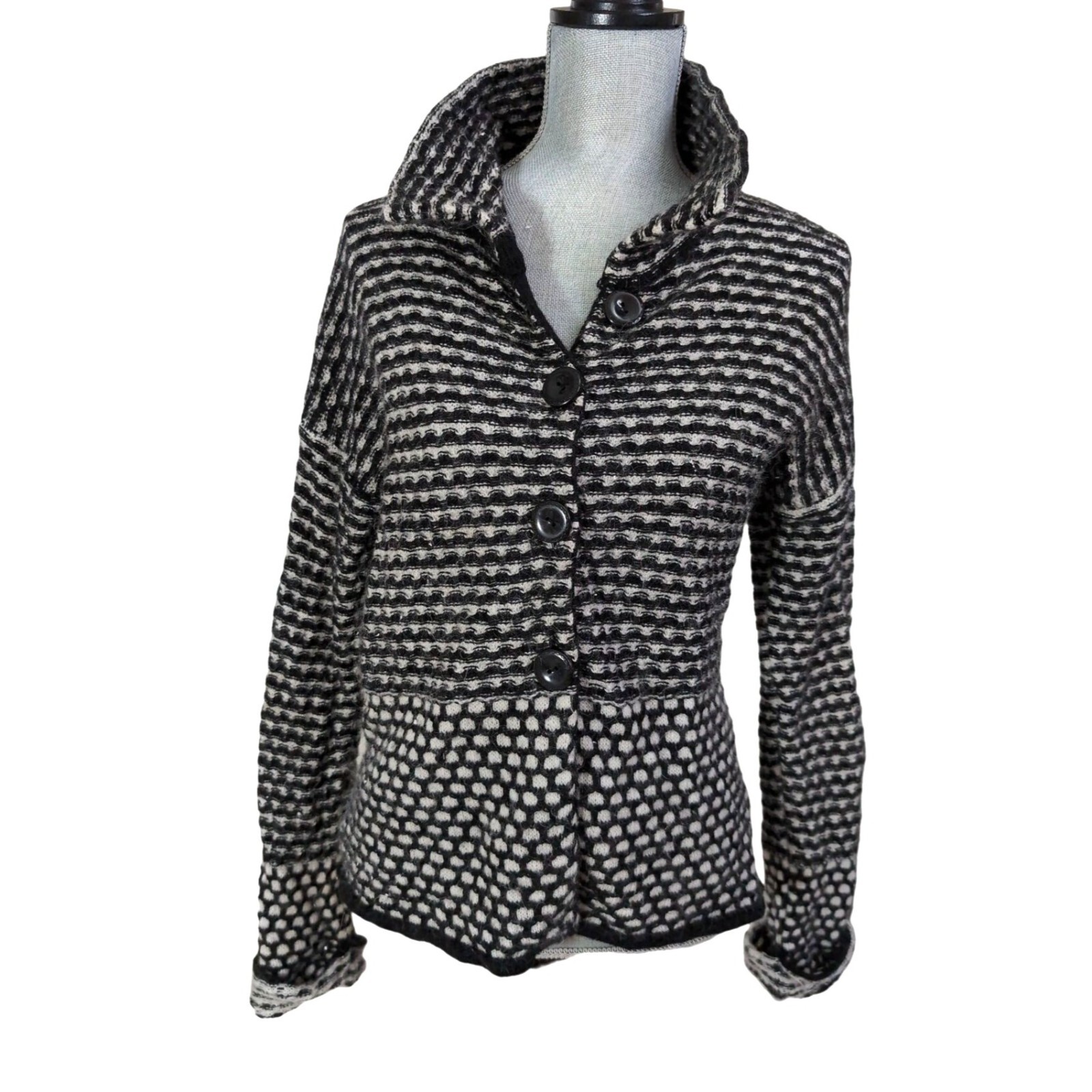 Chiaramento Womens L Black White Wool Blend Cardigan Italy Button Front-image