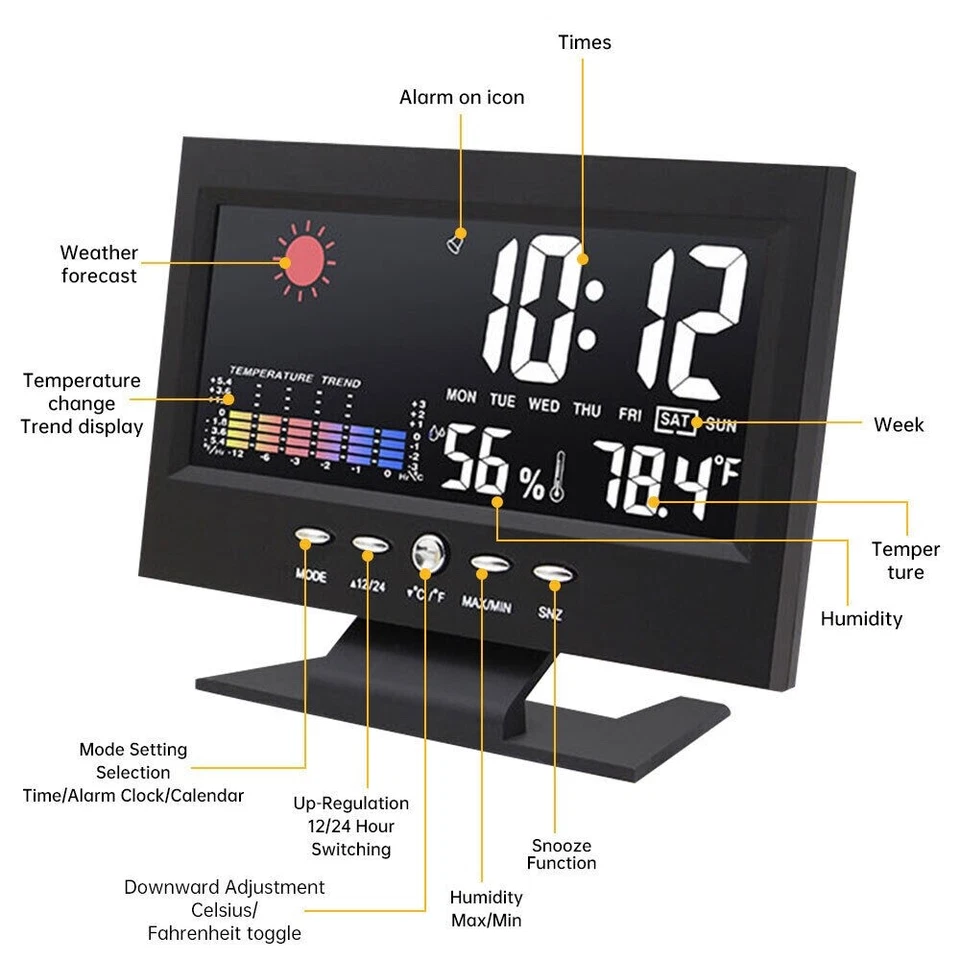LED Digital Alarm Clock with Temperature Humidity Display Snooze Weather Station - Image 2 of 4