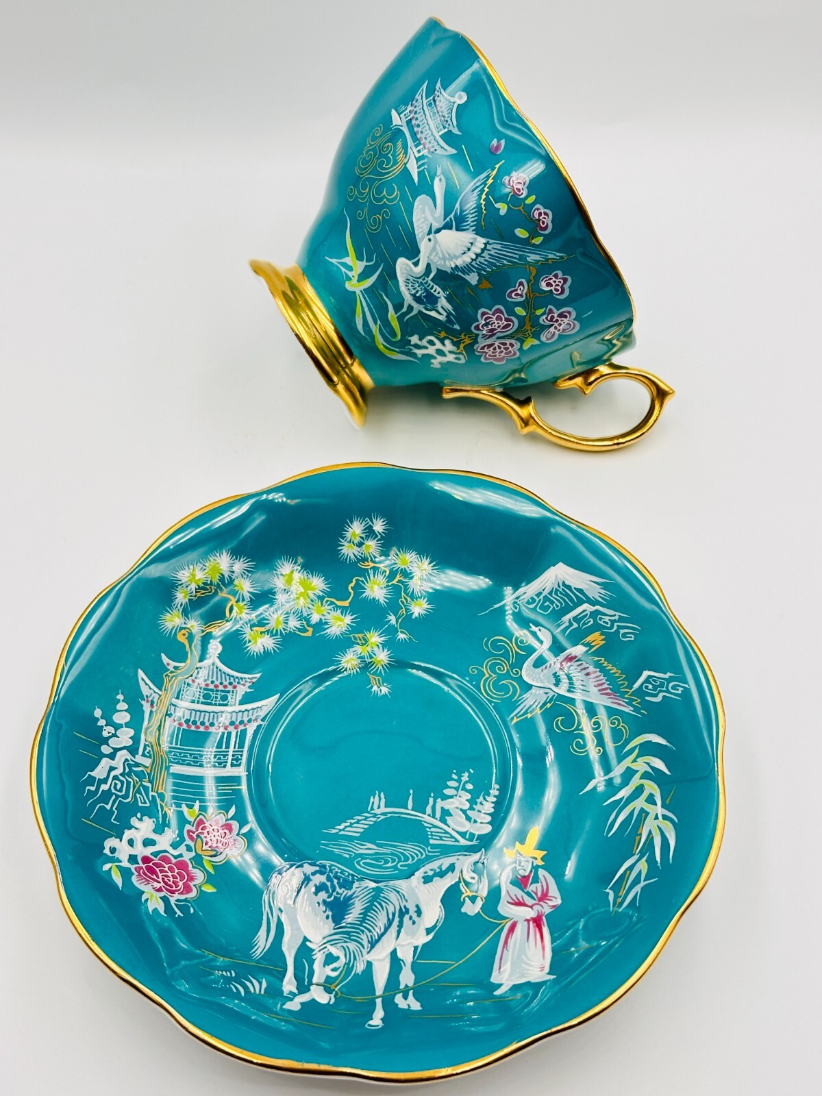 Vintage Royal Albert "Oriental" Turquoise Bone China Tea Cup and Saucer