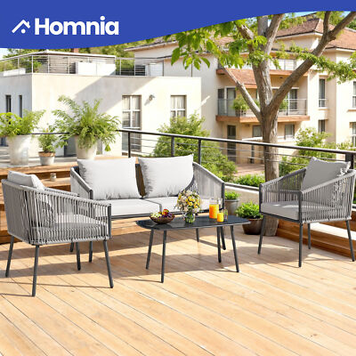 Set of 4 pcs Patio Bistro Sofa Wicker Chair Outdoor Soft Cushion with Table Set