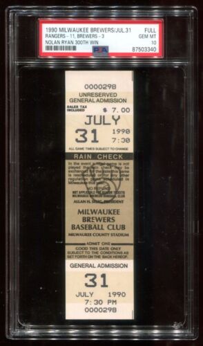 1990 July 31st Rangers Brewers Ticket PSA 10 Gem Mint Nolan Ryan 300th Win~(BB)