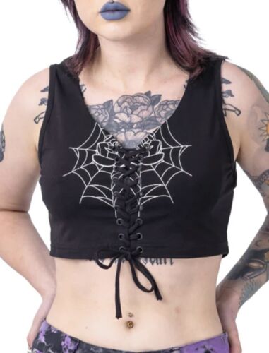 Rockabella Black Widow Crop Top Cropped Spider Web Cobweb Corset Lace Up Goth L - Picture 1 of 6