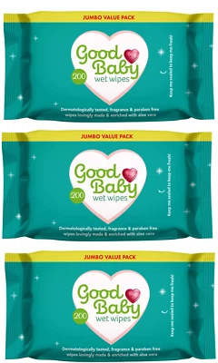 600 x Good Baby Wet Wipes Soft Thick Large Aloe Vera 3 x 200 packs Big Packs