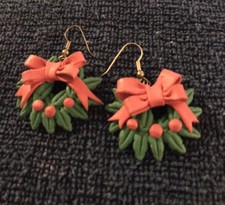Holiday Winter Dangle Red/Green Wreath Earrings w/ Red Bows Approx 2  From Hooks