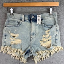 New Express High Rise Distressed Denim Shorts Frayed Fringe Hem Size 6