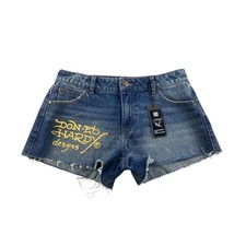 Ed Hardy Shorts Women S Tiger Embroidered Denim Blue Dark Wash Cut Off Raw Hem