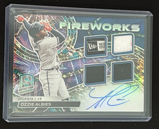 Ozzie Albies 2022 Spectra Fireworks Splatter Hat Button/Tag Auto #4/8 - Braves