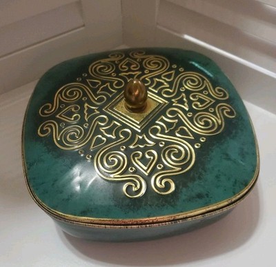 Vtg West Germany Green Decorative Tin Lid Handle Square Gold Scroll