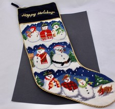 VINTAGE HANDMADE WOOL NEEDLEPOINT HAPPY HOLIDAYS SNOWMAN CHRISTMAS STOCKING-MINT