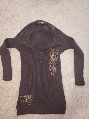ed Hardy Style EHW266 Top Size Medium 3/4 Sleeve Cold Shoulder Bling 2000s 