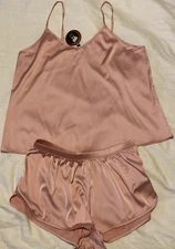 Plain Satin Lingerie Pyjamas Cami Shorts Sleepwear Nightwear - 2 Piece Set