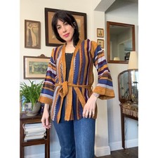 70s Vintage wrap tie sweater cardigan Miss Julie striped mustard tunic bohemian