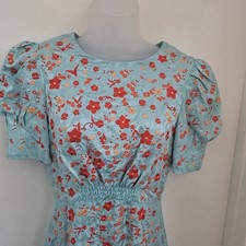 SALONI Light blue orange floral silk-satin jacquard midi dress UK8 £635