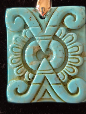Carved Mayan X Jaguar Glyph Pendant Turquoise Magnesite 16'' Sterling Chain (X2B)