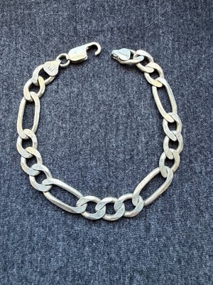 Sterling Silver 925 Flat Figaro Link Bracelet 8  BROKEN CLASP