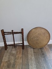 Vintage Brass Tray Table Moroccan Islamic Folding Base Engraved Coffee Table